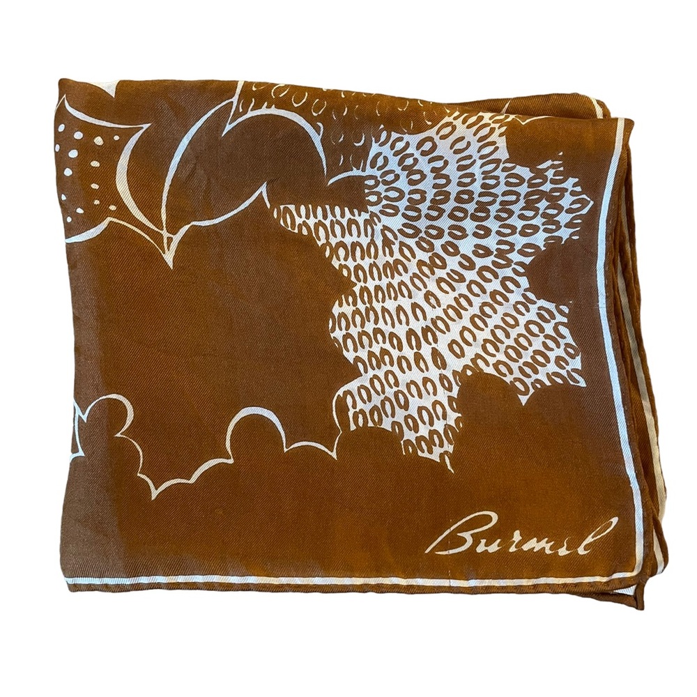Burmel Vintage Silk Scarf Maple Leaf Brown Beige Hand Rolled Autumn Fall Canada
